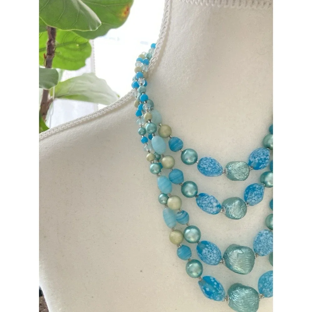 Vintage Aqua Blue Multi Strand Beaded Statement Necklace Art Glass Faux Pearl